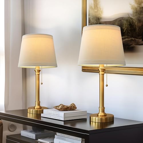 Oneach Modern Gold Brass Table Lamp Set of 2 for Bedroom Living Room 19.5'' Traditional Bedside Desk Nightstand Buffet Candlestick Samll Lamps with White Drum Shade - Gold