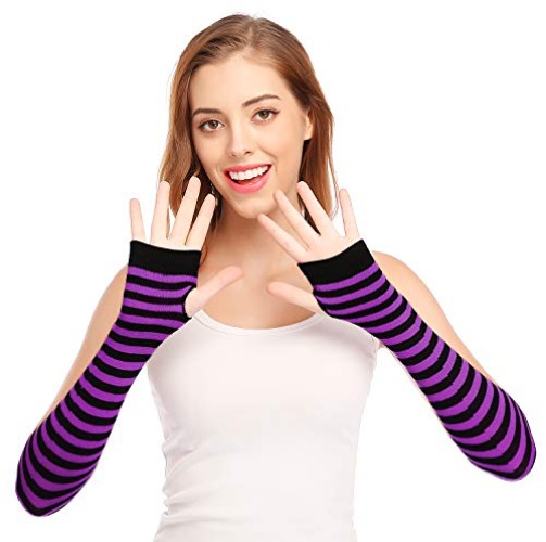 Bienvenu Punk Gothic Rock Long Arm Warmer Fingerless Gloves - Black Purple
