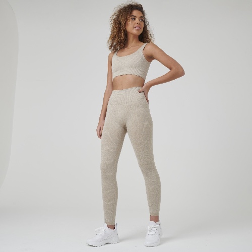 Signature Ribbed Seamless Set (Leggings + Top) - Beige / L