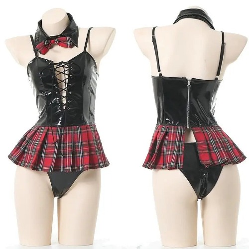 Seductive Latex Student Lingerie Bodysuit with Tartan Plaid Accents - M
