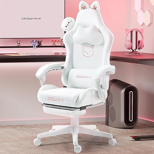 Dowinx Gaming Chair Cute with Cat Ears and Massage Lumbar Support, Ergonomic Computer Chair for Girl with Footrest and Headrest, Comfortable Reclining Game Chair 290lbs for Adult, Teen, White - White