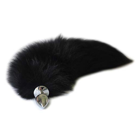 Fosrion Multi-Function Real Fox Tail Fur Anal Plug Sexy Adult Toy Fashion Butt Stainless Steel Cosplay Toy (Medium Plug, Black) - Medium