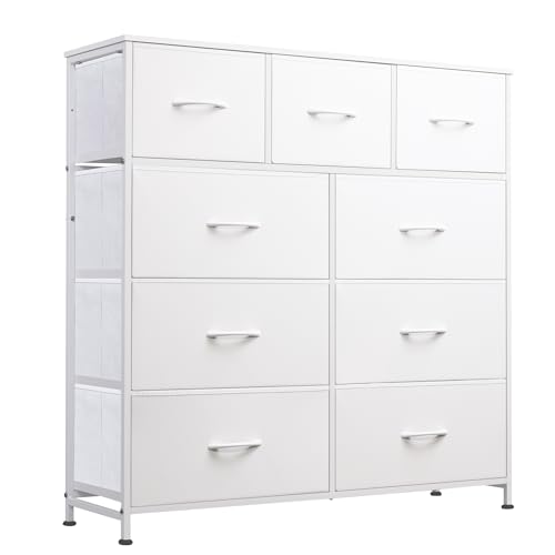 WLIVE 9-Drawer Dresser, Fabric Storage Tower for Bedroom, Hallway, Closet, Tall Chest Organizer Unit for Bedroom with Fabric Bins, Steel Frame, Wood Top, Easy Pull Handle, White - White