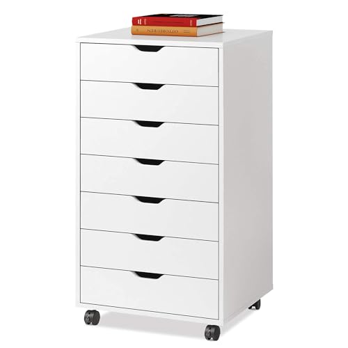 DEVAISE 7-Drawer Chest, Wood Storage Dresser File Cabinet with Wheels, White - White - 18.7" W x 15.7" D x 34.5" H