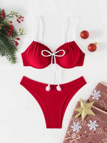 SHEIN VCAY Christmas Party Pom Pom Decor Underwired Women Two Piece Swimsuit