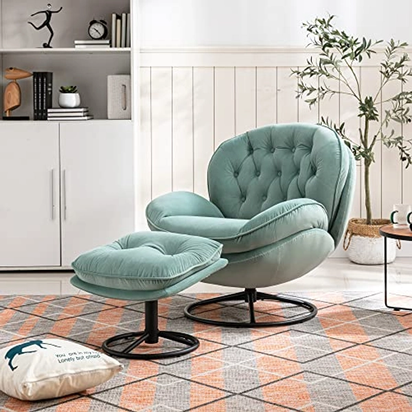 Baysitone Velvet Swivel Accent Chair with Ottoman Set, Modern Lounge Chair with Footrest, Comfy Armchair with 360 Degree Swiveling for Living Room, Bedroom, Reading Room, Home Office (Teal)
