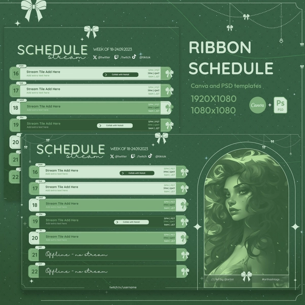 Green Pastel Ribbon Pastel Stream Schedule | Cute Pastel Vtuber Schedule | Simple Weekly Schedule For Streamers | Canva and PSD included