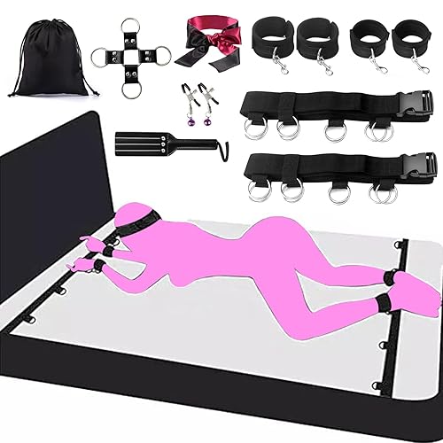 Bed Bondage Restraints Kit Sex Toys for Sex Games Sex Toy Under Mattress Fetish Adjustable Bed Restraints Set Adult Toys SM for Couples Adult Beginner Handcuffs Clips Blindfold Feather Teaser by HBABY