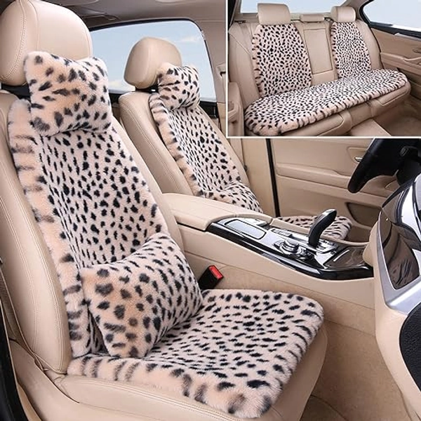 seemehappy Fluffy Leopard Seat Covers for Cars Front Bench Back Covers, Carseat Protectors Car Full Set Cushions Truck SUV Auto-Full Set-Beige