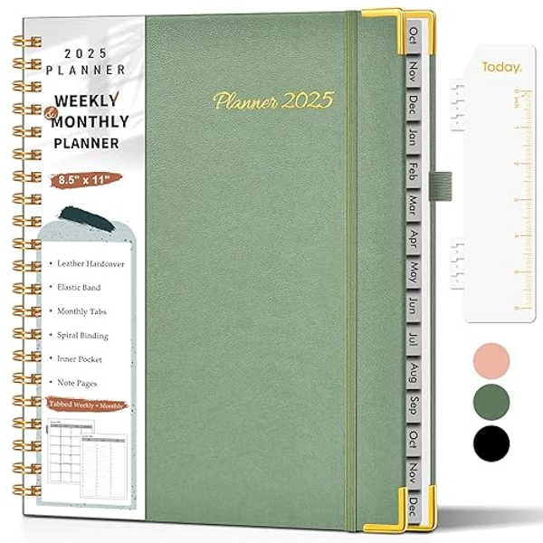 2025 Planner, Weekly and Monthly Planner from January 2025 - March 2026, 8.5" x 11" Hardcover Leather Hourly Appointment Book 2025 with Tabs, Spiral Calendar Daily Planners for School Work Home Green
