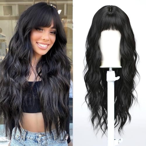 Esmee Long Curly Black wig Wigs with Bangs,Wig for Women Wig Synthetic Hair Wig for Daily Party Cosplay Use-26 Inches - Black