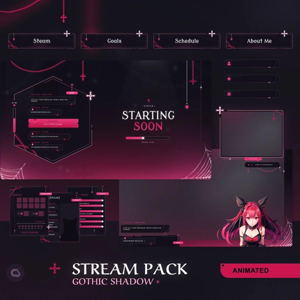 Gothic Shadow Animated Stream Pack. Dark Goth, Minimal Theme • Overlays, Screens, Panels, Chat Widget for Twitch Streams