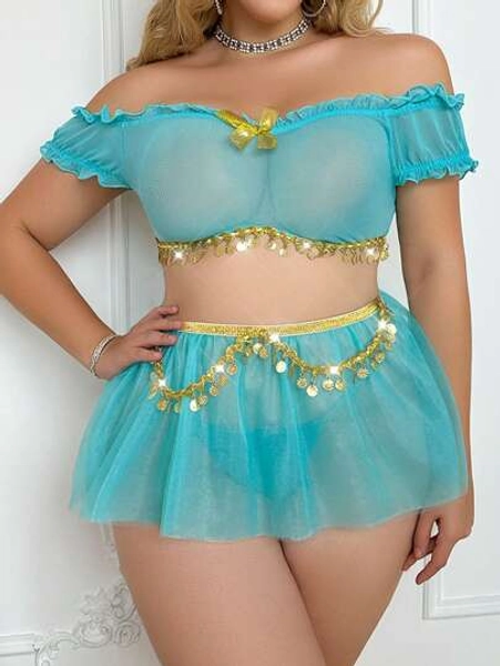 SHEIN Fantasy Costume 3pc Off-Shoulder Puff Dress Sexy Lingerie Set