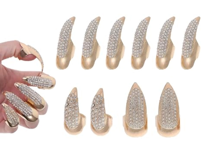 10 PCS Halloween Costume Claws Fake Nails Ring Set, Bestga® Gothic Punk 3 Sizes Crystal Full Finger Rings Paved Paw Bend Fingertip Fingernail Claw Girls Women Men Ring False Easy Long Nails Golden