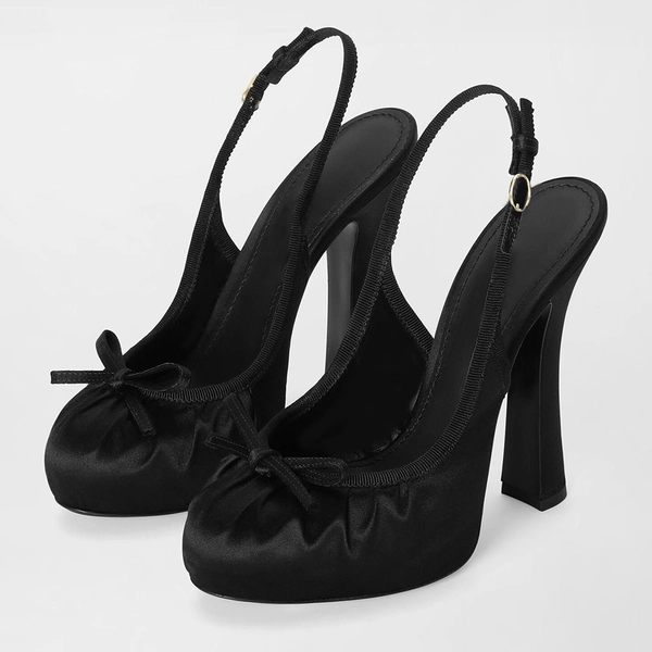 Black Satin Bow Decor Round Toe Pleated Platform Slingback Heels