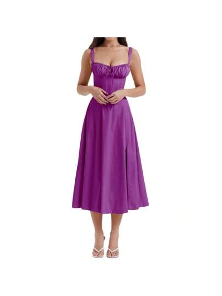 Women Elegant Long Dress Summer Casual Spaghetti Strap Sleeveless Corset Bustier Lace Up Flowy Slit Midi Dresses Summer Beach Going Out A Line Casual Sundress