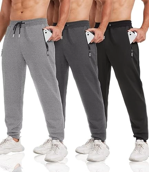 3 Pack Sweatpants for Men Tapered Mens Joggers Pants with Zip Pockets Fleece Slim Fit Workout Running Gym Sweat Pants - Black,dark Gray,light Gray - Large