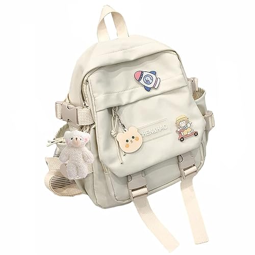 PEXIZUAN kawaii backpack girl school bag waterproof nylon with kawaii pendant cute pin mini backpack(white) - White