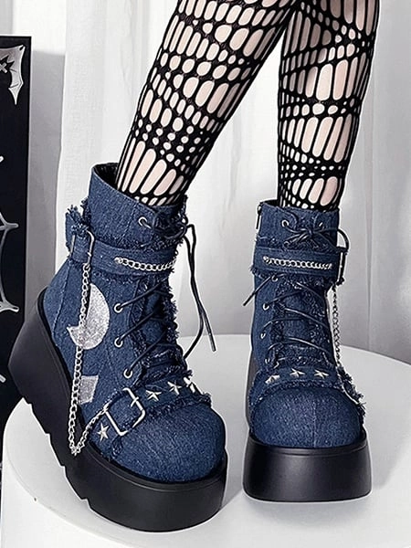[$59.00]Blue Moon Applique Buckle Ankle Strap  Platform Boots