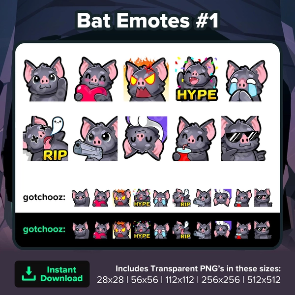 Bat Twitch Emotes Wave Love Heart Rage Angry HYPE Sad Cry RIP Gun Cozy Sip Cool for Streaming Youtube Discord TikTok Kick Rumble