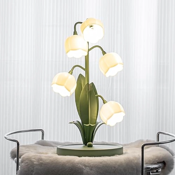 WERFOP Vintage Flower Table Lamp for Home, 5 Lily of The Valley Desk Lamps 3 Color Modes Reading Lamp with G4 Led Bulbs for Bedroom, Living Room, Office