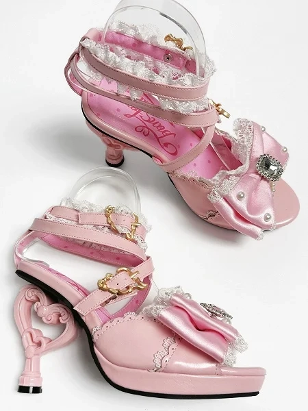 [$69.00]Pink Gyaru Fashion Bow at Top Heart-shaped High Heels Sandals