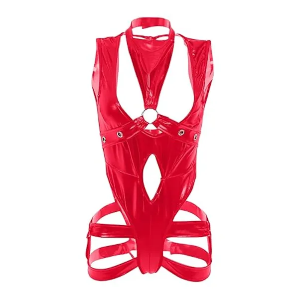 Mzkdieey Womens One-piece Metallic PVC Leather Halter Neck Cut Out Leotard Shiny Bodysuit Sexy Jumpsuit Club Nightwear - Red - Medium