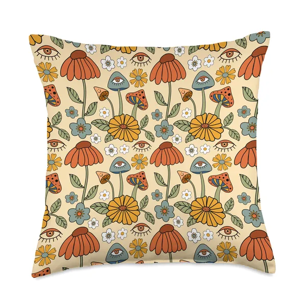 Retro Trendy Funky Hippie 60s 70s Aesthetic Decor Cottagecore Mushroom Flower Hippie 60s 70s Aesthetic Style Throw Pillow, 18x18, Multicolor
