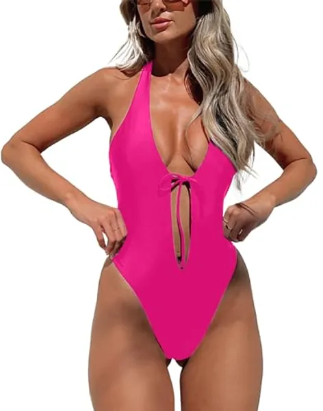 HYPERFIRE Women's Sexy One Piece Swimsuit Halter Deep V Neck Bathing Suit High Cut Monokini