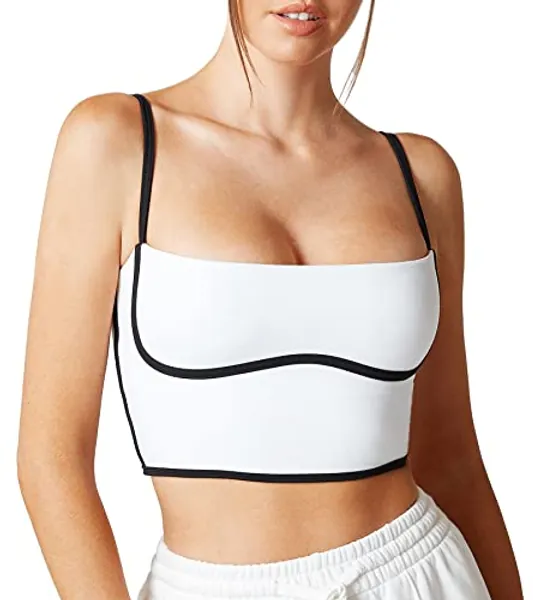Move With You Sleeveless Spaghetti Strap Padded Sports Bra Tank Tops Square Neck Double Layer Workout Fitness Basic Crop Tops