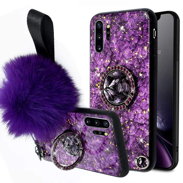 Aulzaju Samsung Note 10 Plus Case for Women Note 10 Plus Cute Case with Ring Stand Bling Diamond Sparkle Marble Pattern Note 10 Plus Case for Girls with Wrist Strap Soft Furry Ball Lanyard-Purple - samsung galaxy note 10 plus Purple