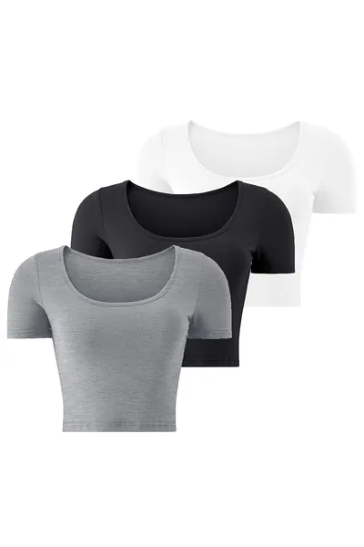 KLOTHO Lightweight Crop Tops Slim Fit Stretchy Workout Shirts for Women - Black+white+heather Grey XX-Large