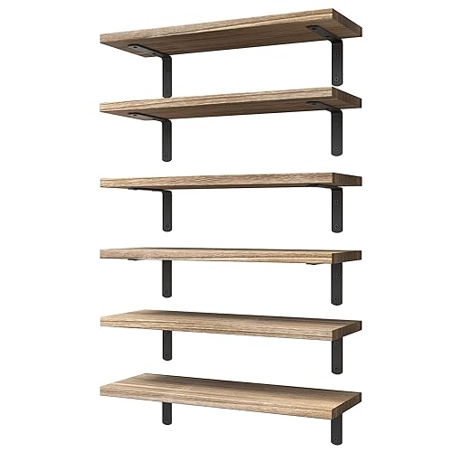 WOPITUES Wood Floating Shelves Set of 6, Shelves for Wall Decor, Farmhouse Shelf for Bedroom, Bathroom Storage Shelves, Book Shelves for Living Room - Rustic Brown - 16.5 Inch - Rustic Brown