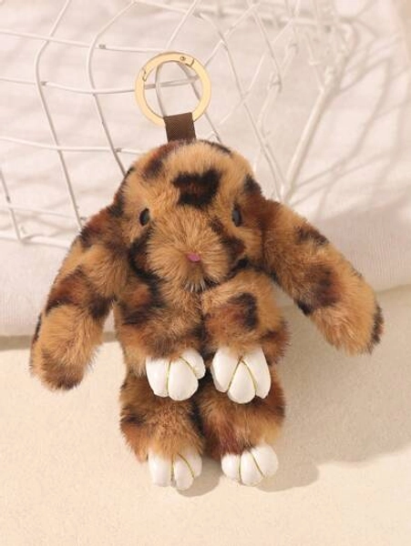 1pc Plush Leopard Rabbit Fluffy Pom Pom Keychain Car Decor Accessory