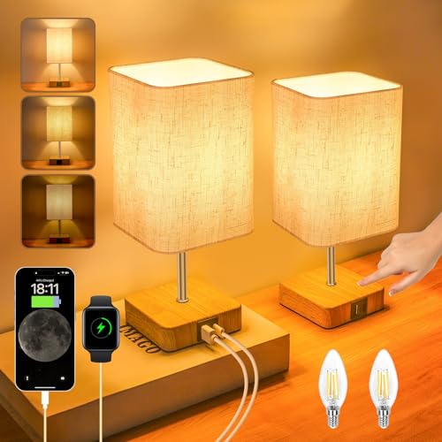 Touch Bedside Table Lamp Set of 2, Dimmable Touch Control Nightstand Lamps with USB-C＆USB-A Charging Ports,Small Lamp Wood Base Beige Flaxen Fabric Shade for Bedroom,Living Room,Dimmable Bulb Included - Wood-2 Pack(with Usb)