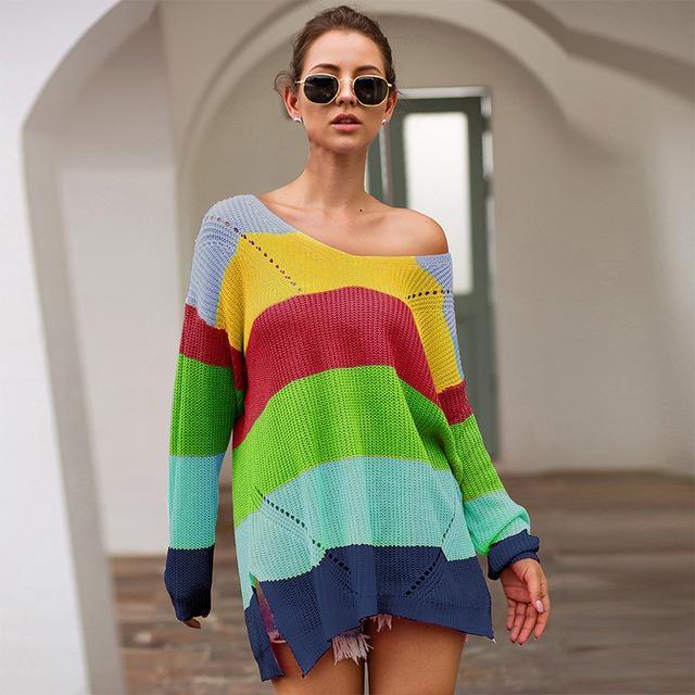 Colorful Sweater Dress - Dark Rainbow Colors / M