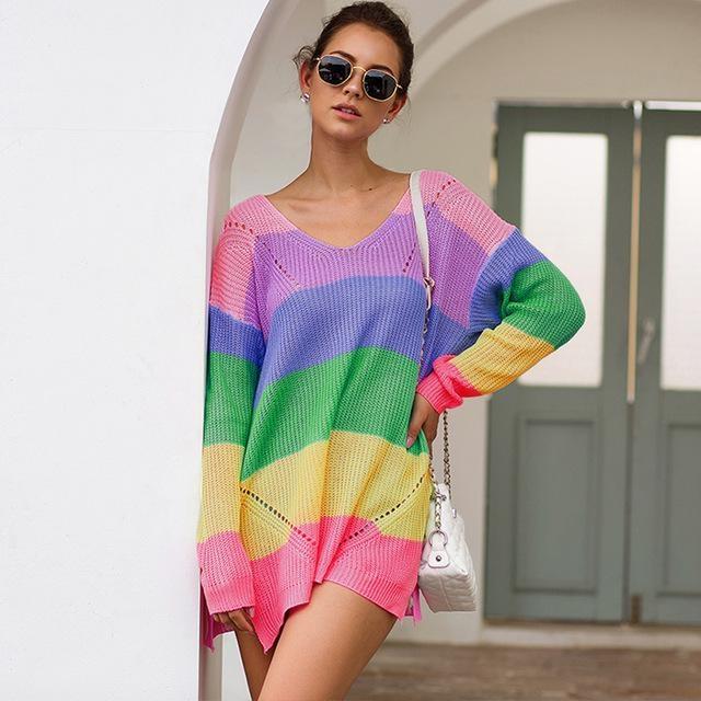 Colorful Sweater Dress - Bright Rainbow Colors / M