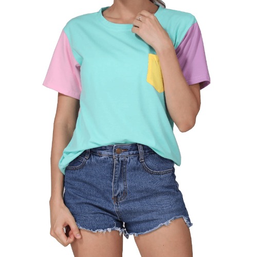 Tee with Pastel Patchwork Design - Blue / M