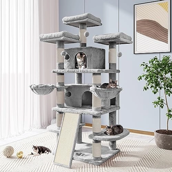 Allewie 68-Inch Multi-Level Cat Tree House with Condo, Scratching Posts, and Towers for Large Cats - Light Grey