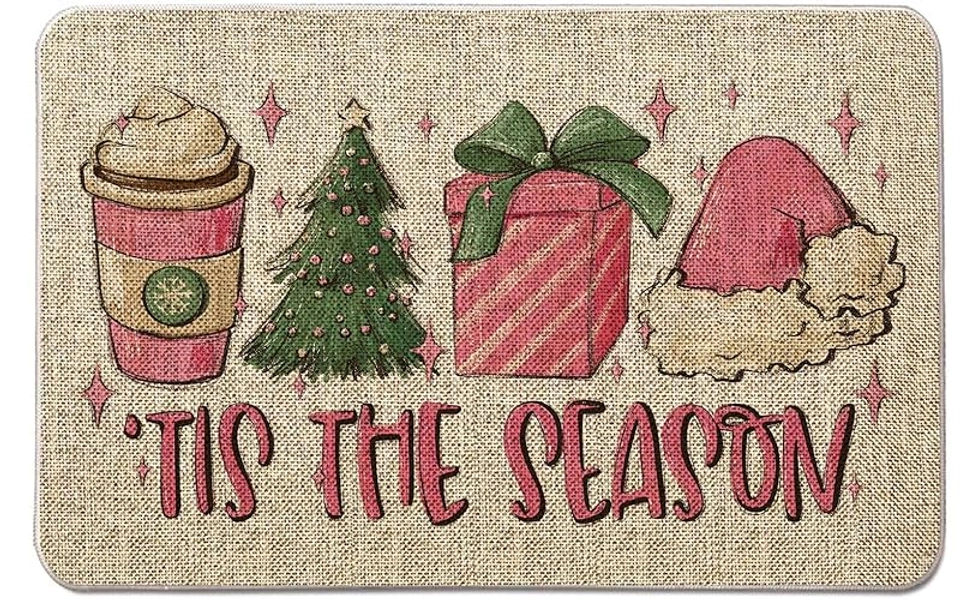 GAGEC Pink Christmas Doormat - 'Tis The Season Entrance Rug, Winter Decor for Home Kitchen Floor Front Door, 17 x 27 Inch