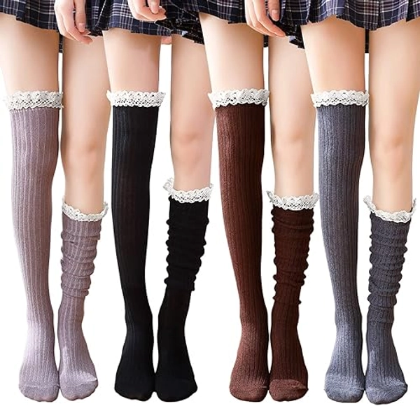 4 Pack Women Cotton Knit Boot Socks Knee High Socks Stockings with Lace Trim, Free size, Beige Black Coffee Green