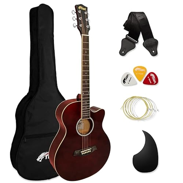 TIGER ACG3-RD Full Size Acoustic Guitar Package - Beginners Guitar Pack with Gig Bag, Strap and Spare Strings - Red - Now with 6 Months Free Lessons Included