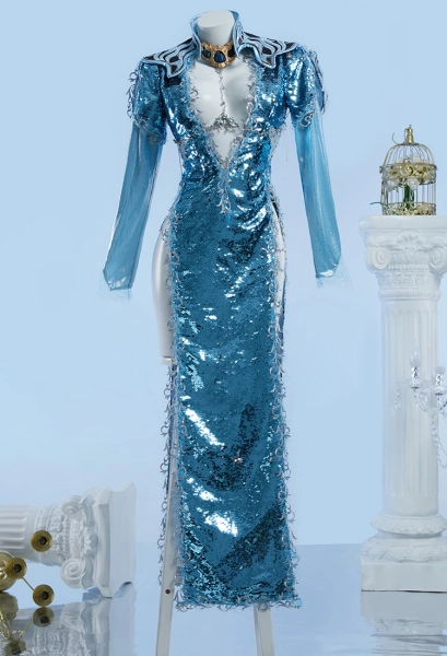 Baldur's Gate Cosplay Costume Blue Long Dress with Shoulder Armor Neckpiece