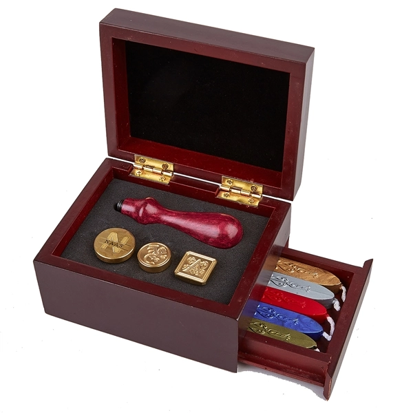 Wood Travel Box for Wax Seal Accessories with 5 Sticks Flexible Sealing Wax, Burgundy Handle, and Choice of 3 Stamps