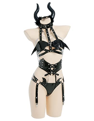 MEOWCOS Women's Lingerie Set Devil Bat Wings Halter Top and Panty Two-piece Exotic Lingerie for Women with Headband Stockings - Medium - Black