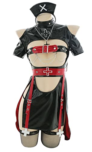 MEOWCOS Women's Nurse Costume Lingerie Set Gothic Nurse Suit Bodysuit with Shorts and Belt - Black and Red - Small