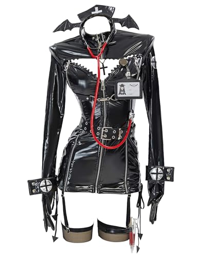 MEOWCOS Women's Gothic Nurse Uniform Bodycon Dress and Headband with Thigh-High Stockings and Necklace - Black - Medium