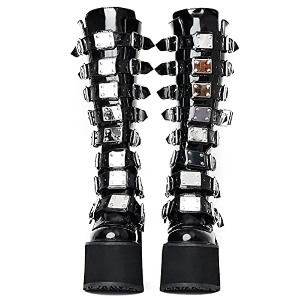 CELNEPHO Womens Wedge Platform Knee High Boots High Heel Round-Toe Zip Punk Goth Mid Calf Combat Boots For Women