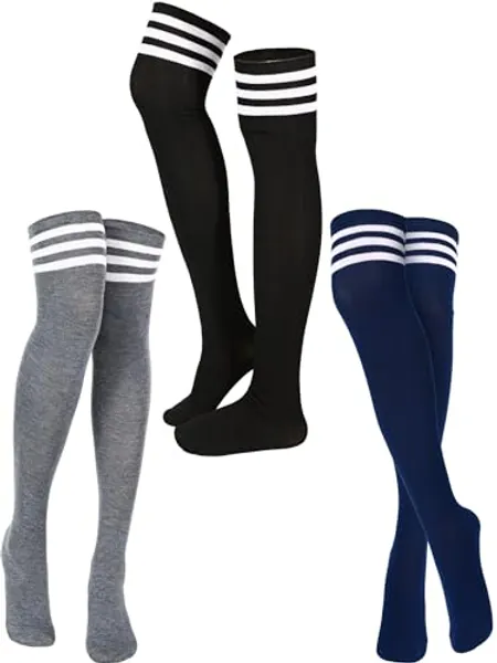 SATINIOR 3 Pairs Knee High Socks Thigh High Socks Triple Stripe over the Knee Socks Long Opaque Thigh High Stockings