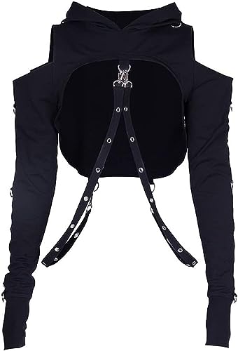 win2win Goth Crop Top Hoodies For Women Punk Gothic Sweatshirt Hoodie Rave Festival Long Sleeve Emo Aesthetic Tops - Small - Black